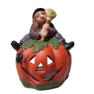 VTG Chubby Witch Jack-o-Lantern tea light ceramic detailed spider star 5 inch